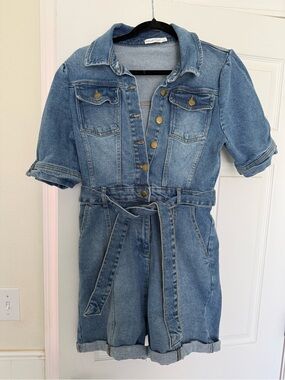 Avec Les Filles Denim Short romper in Medium Blue